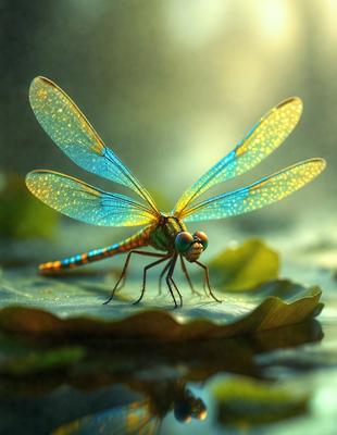 Primary subject: A dragonfly with green and blue wings, sitting on a leaf.

Setting/background: The dragonfly is sitting on a leaf in a pond.

Visual style: The image is a digital art illustration.

Colors and mood: The dragonfly has green and blue wings, and the overall atmosphere is serene and natural.